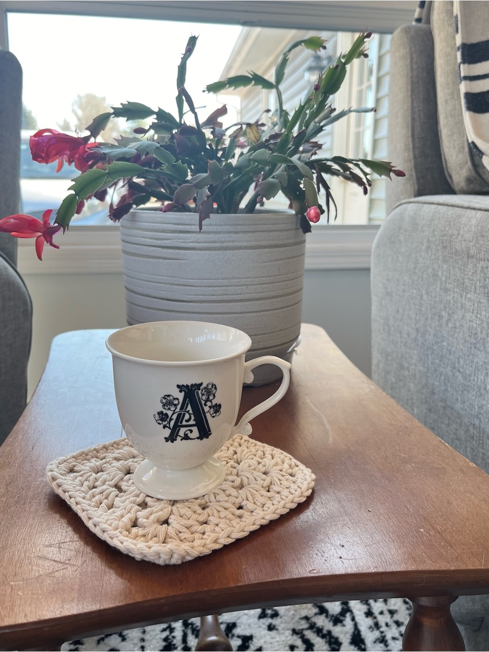 Anthropologie White Ceramic Monogram A Pedestal Mug with Black Lettering